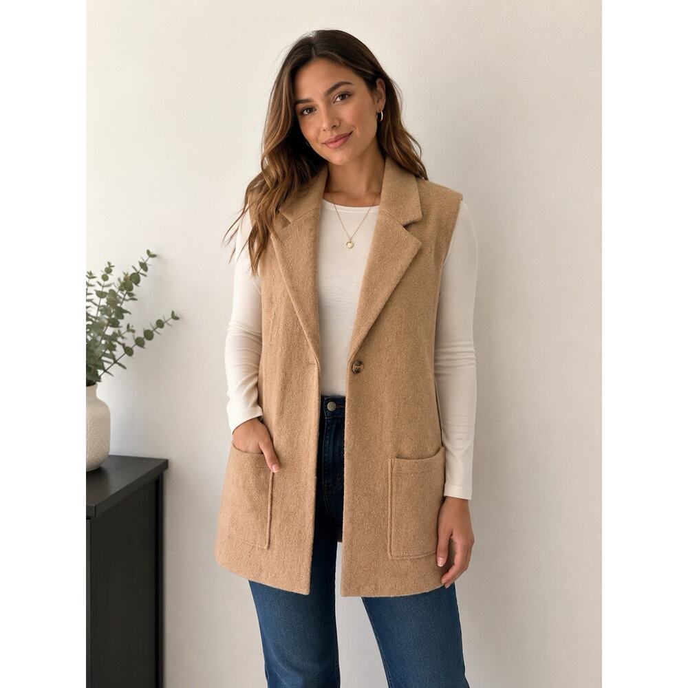 Tahari Camel Wool Blend Sweater Vest Large Open Front Sleeveless Coat Jacket